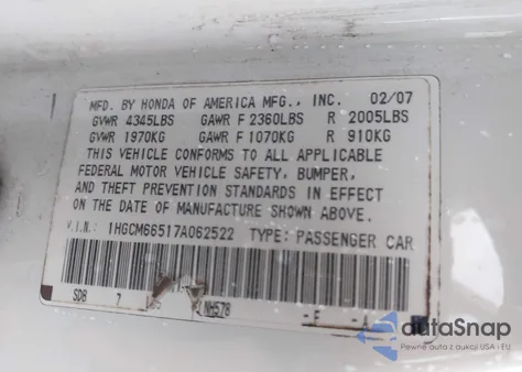 2007 Honda Accord 3.0 Ex from USA, damaged, VIN 1HGCM66517A062522